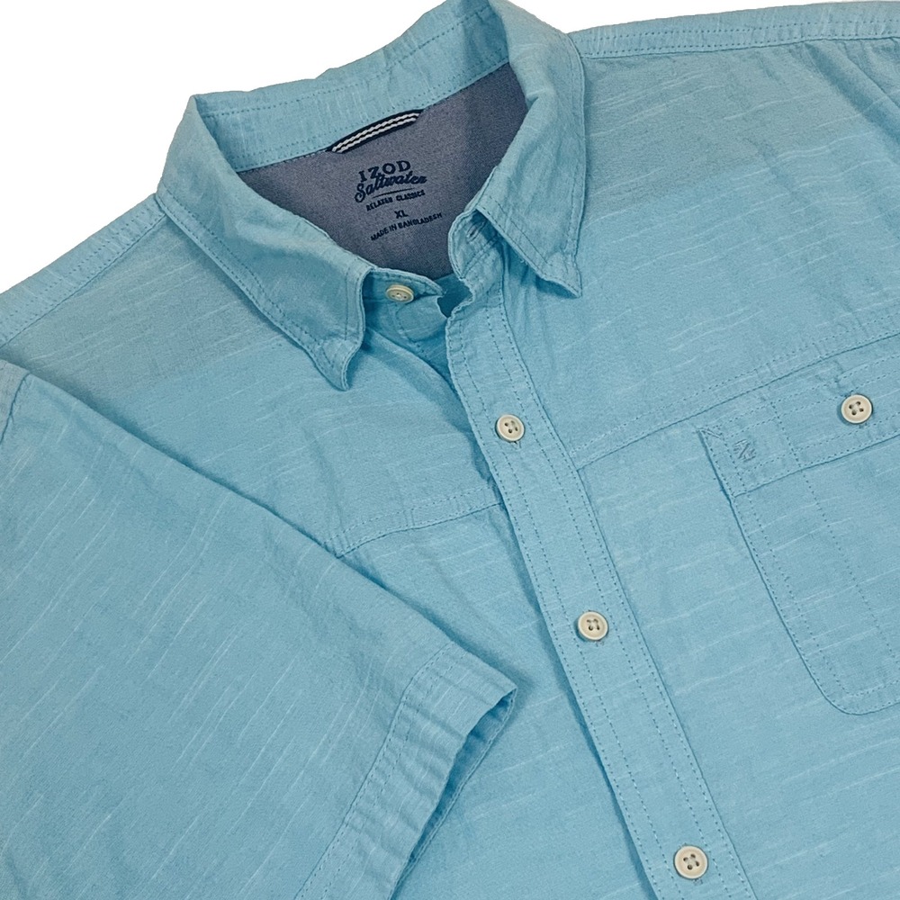 Izod Saltwater Men’s XL Aqua Blue Cotton Button Up Relaxed Classic Short Sleeve